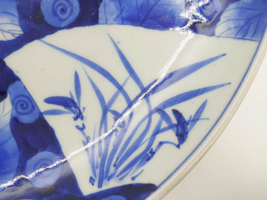 明治期　伊万里　染付　窓絵　約40cm　1尺3寸　草花文が美しい大皿(菊?、陶器、尺皿、風景、和食器、和皿、一尺三寸)(R-078891)　