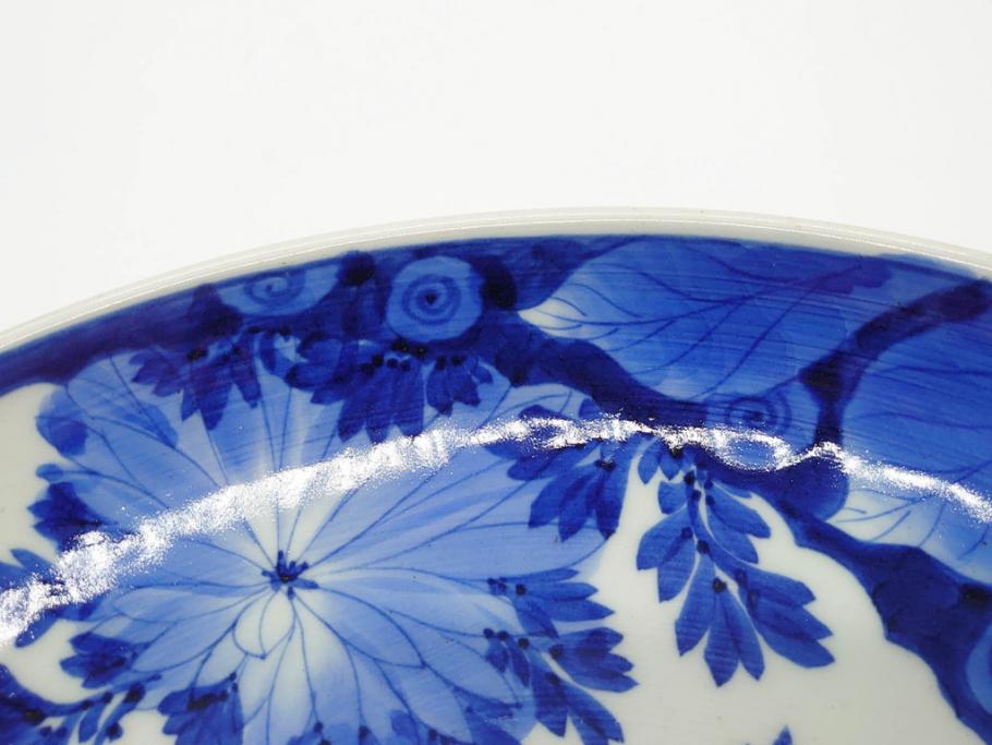 明治期　伊万里　染付　窓絵　約40cm　1尺3寸　草花文が美しい大皿(菊?、陶器、尺皿、風景、和食器、和皿、一尺三寸)(R-078891)　