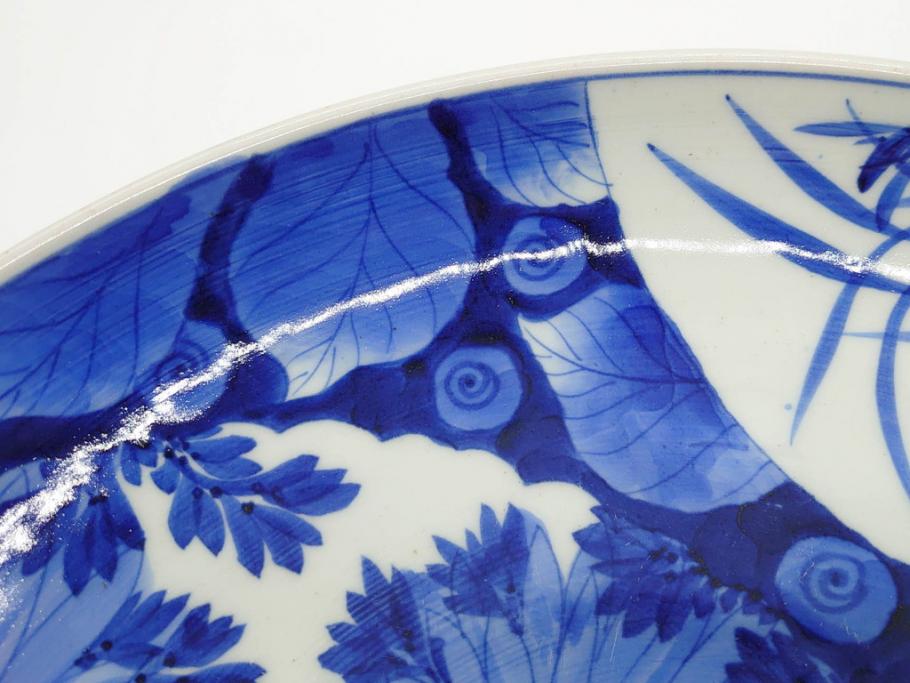 明治期　伊万里　染付　窓絵　約40cm　1尺3寸　草花文が美しい大皿(菊?、陶器、尺皿、風景、和食器、和皿、一尺三寸)(R-078891)　