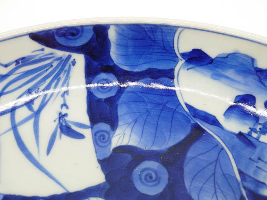 明治期　伊万里　染付　窓絵　約40cm　1尺3寸　草花文が美しい大皿(菊?、陶器、尺皿、風景、和食器、和皿、一尺三寸)(R-078891)　