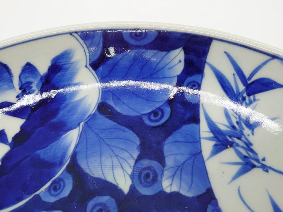 明治期　伊万里　染付　窓絵　約40cm　1尺3寸　草花文が美しい大皿(菊?、陶器、尺皿、風景、和食器、和皿、一尺三寸)(R-078891)　