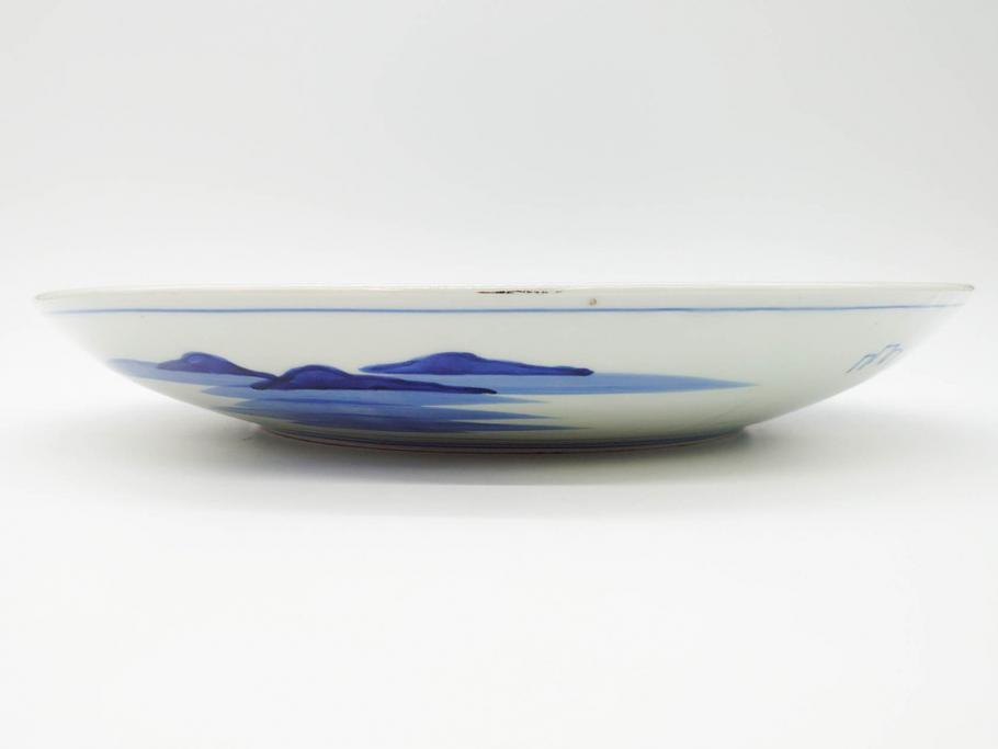 明治期　伊万里　染付　窓絵　約40cm　1尺3寸　草花文が美しい大皿(菊?、陶器、尺皿、風景、和食器、和皿、一尺三寸)(R-078891)　