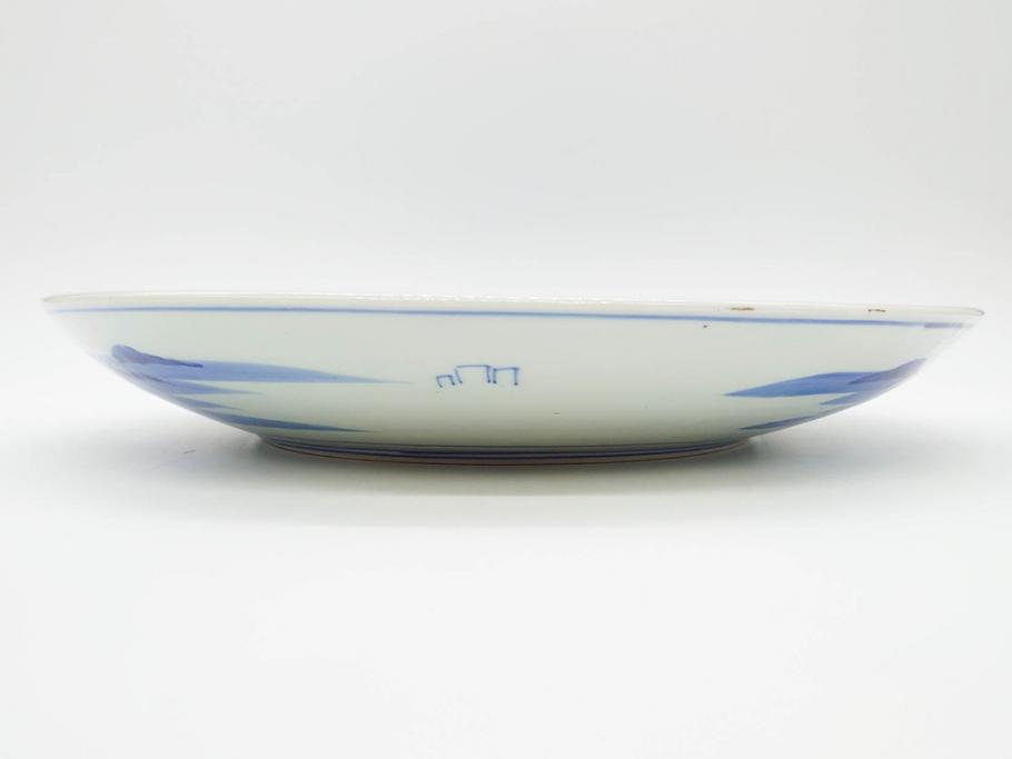 明治期　伊万里　染付　窓絵　約40cm　1尺3寸　草花文が美しい大皿(菊?、陶器、尺皿、風景、和食器、和皿、一尺三寸)(R-078891)　