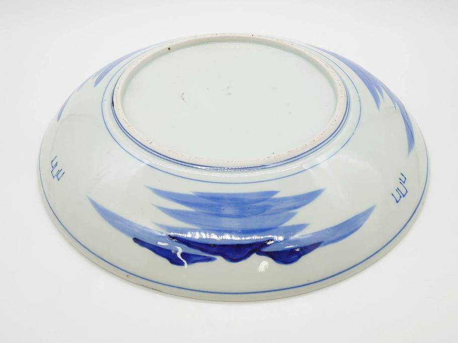 明治期　伊万里　染付　窓絵　約40cm　1尺3寸　草花文が美しい大皿(菊?、陶器、尺皿、風景、和食器、和皿、一尺三寸)(R-078891)　