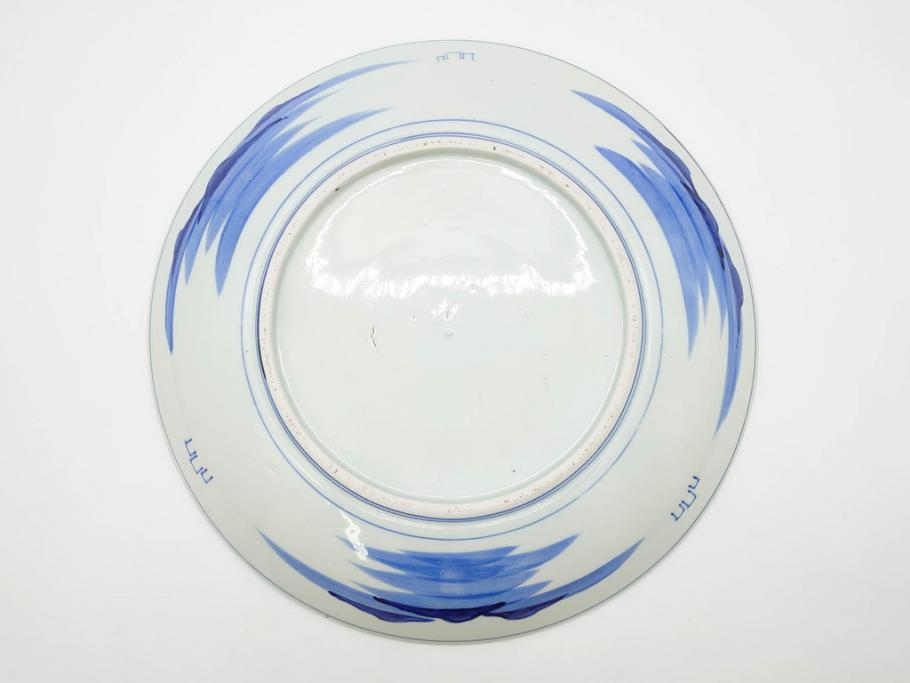 明治期　伊万里　染付　窓絵　約40cm　1尺3寸　草花文が美しい大皿(菊?、陶器、尺皿、風景、和食器、和皿、一尺三寸)(R-078891)　
