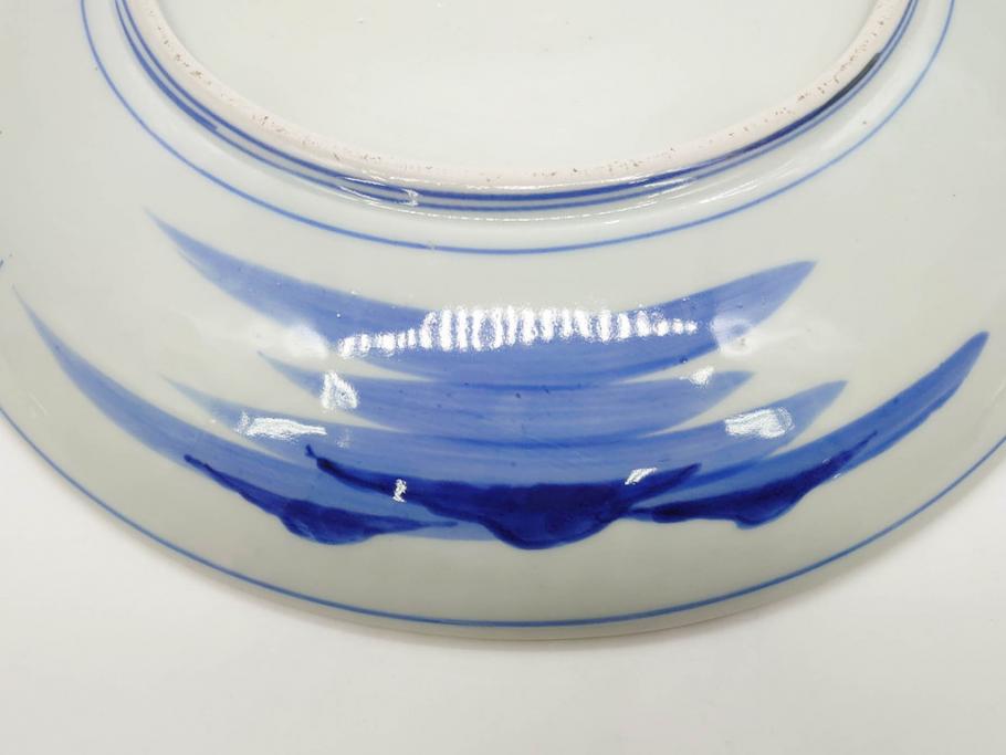 明治期　伊万里　染付　窓絵　約40cm　1尺3寸　草花文が美しい大皿(菊?、陶器、尺皿、風景、和食器、和皿、一尺三寸)(R-078891)　