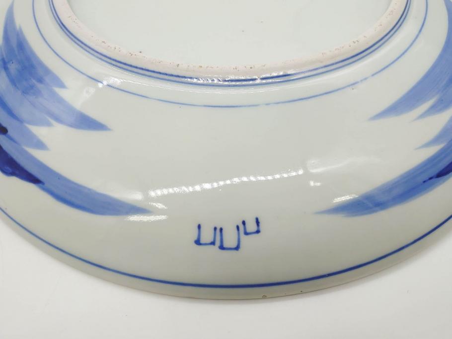 明治期　伊万里　染付　窓絵　約40cm　1尺3寸　草花文が美しい大皿(菊?、陶器、尺皿、風景、和食器、和皿、一尺三寸)(R-078891)　