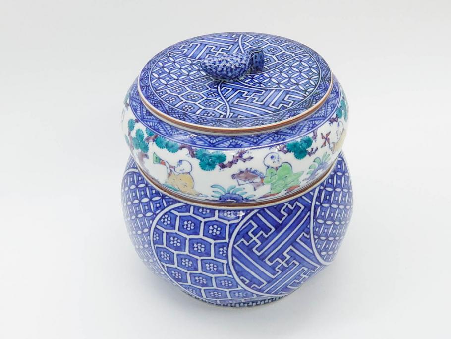 陶匠 高野昭阿弥　和楽庵　京焼　色絵祥瑞　唐子の図　意匠を凝らした水指(瓢箪、瓢形、腰捻、水差、茶道具、煎茶道具、共箱付き)(R-078931)