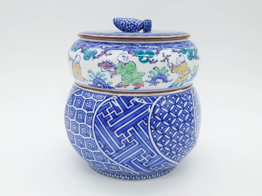 陶匠 高野昭阿弥　和楽庵　京焼　色絵祥瑞　唐子の図　意匠を凝らした水指(瓢箪、瓢形、腰捻、水差、茶道具、煎茶道具、共箱付き)(R-078931)