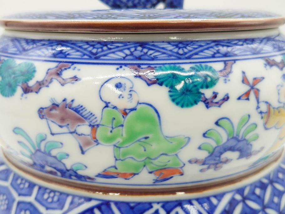 陶匠 高野昭阿弥　和楽庵　京焼　色絵祥瑞　唐子の図　意匠を凝らした水指(瓢箪、瓢形、腰捻、水差、茶道具、煎茶道具、共箱付き)(R-078931)