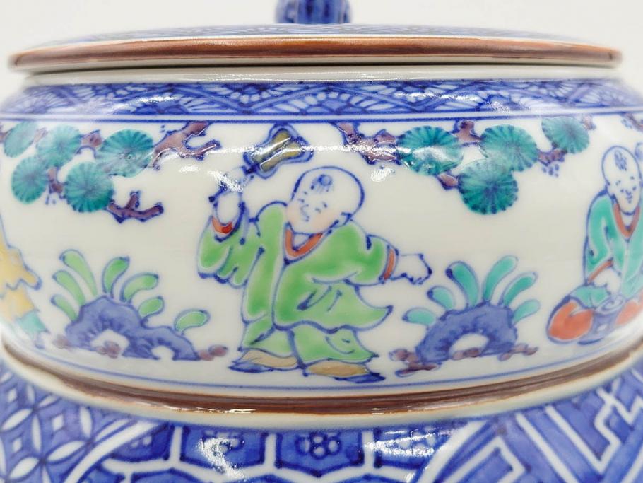 陶匠 高野昭阿弥　和楽庵　京焼　色絵祥瑞　唐子の図　意匠を凝らした水指(瓢箪、瓢形、腰捻、水差、茶道具、煎茶道具、共箱付き)(R-078931)