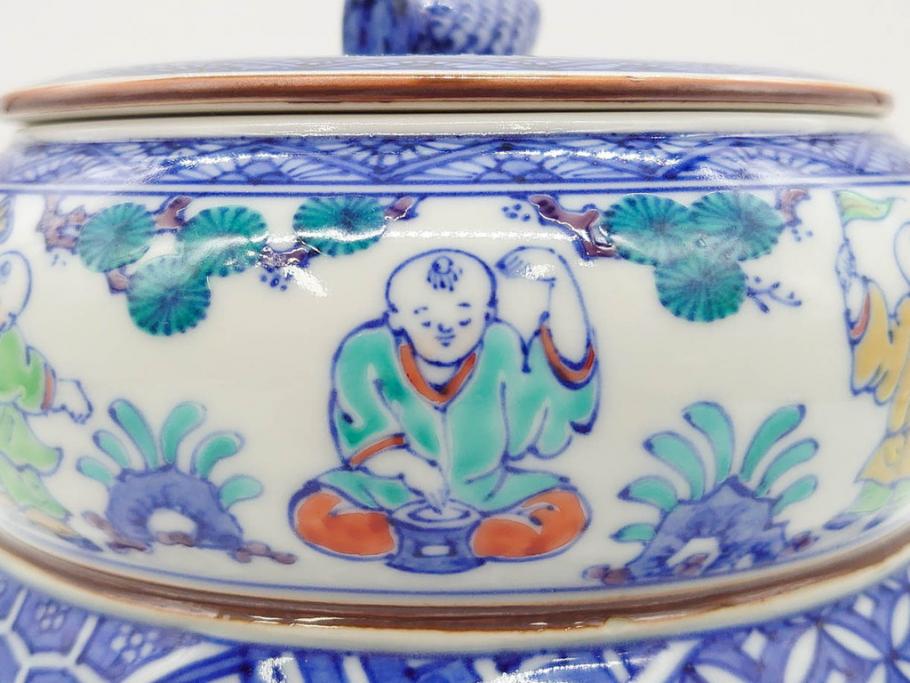 陶匠 高野昭阿弥　和楽庵　京焼　色絵祥瑞　唐子の図　意匠を凝らした水指(瓢箪、瓢形、腰捻、水差、茶道具、煎茶道具、共箱付き)(R-078931)