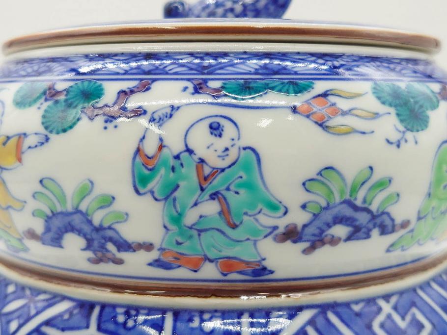陶匠 高野昭阿弥　和楽庵　京焼　色絵祥瑞　唐子の図　意匠を凝らした水指(瓢箪、瓢形、腰捻、水差、茶道具、煎茶道具、共箱付き)(R-078931)