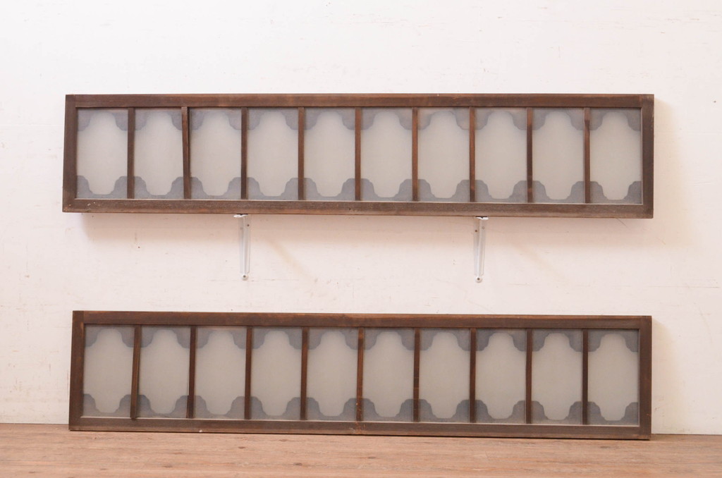アンティーク建具　珍しいデザインのガラス入り欄間2枚セット(明り取り、明かり取り、ランマ)(R-071681)