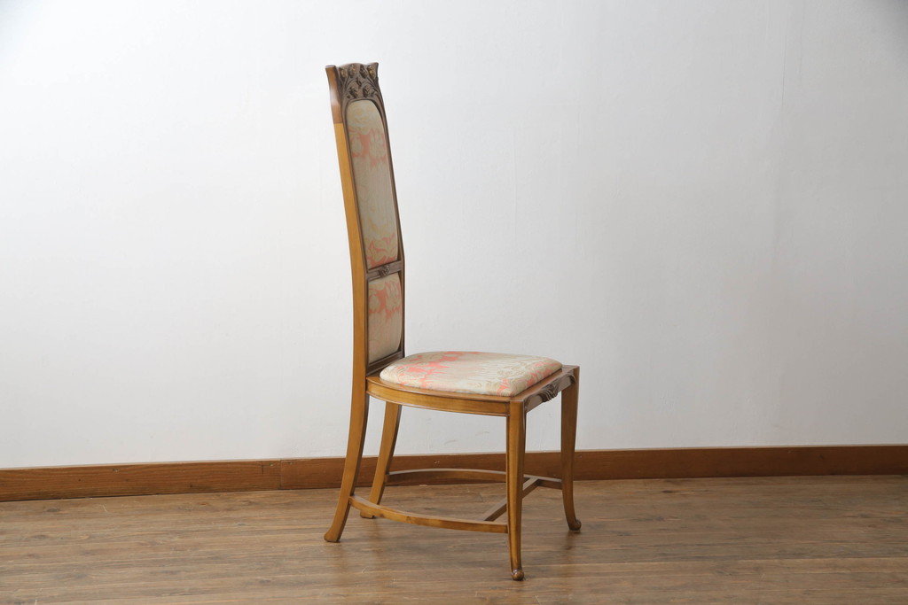 中古　美品　イタリア　ブランド家具　メデア(Medea)　ボタニカル柄のファブリックと彫刻が華やかな印象のハイバックチェア(椅子、イス、ダイニングチェア)(定価約40万円)(R-060117)