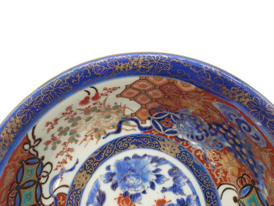 江戸〜明治　冨貴長春　古伊万里　金彩　色絵　染付　約26cm　8.4寸　鮮やかな色合いと迫力のある獅子が目を惹く大鉢(深鉢、和皿、和食器、共箱付き、八寸四分)(R-073099)