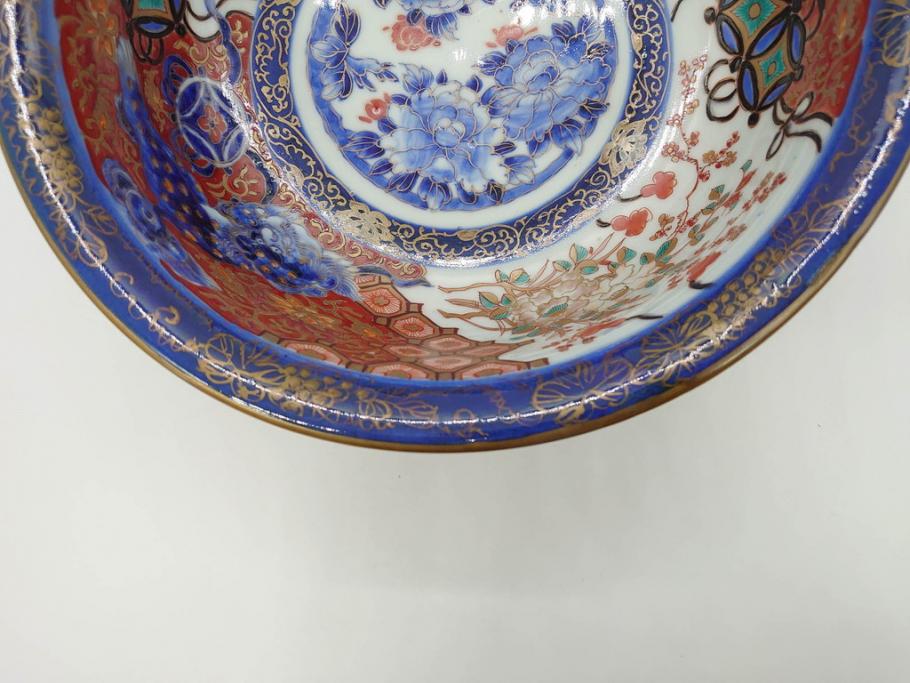 江戸〜明治　冨貴長春　古伊万里　金彩　色絵　染付　約26cm　8.4寸　鮮やかな色合いと迫力のある獅子が目を惹く大鉢(深鉢、和皿、和食器、共箱付き、八寸四分)(R-073099)