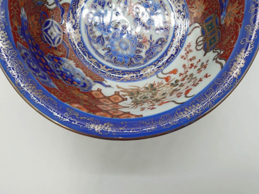 江戸〜明治　冨貴長春　古伊万里　金彩　色絵　染付　約29cm　9.4寸　鮮やかな色合いと迫力のある獅子が目を惹く大鉢(深鉢、和皿、和食器、共箱付き、九寸四分)(R-073100)