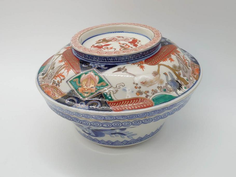 幕末〜明治　古伊万里　色絵　金彩　染付　鶴　約23cm　7.5寸　繊細に描かれた絵柄にこだわりを感じる蓋物(大平、深鉢、深皿、和食器、七寸五分)(R-073101)