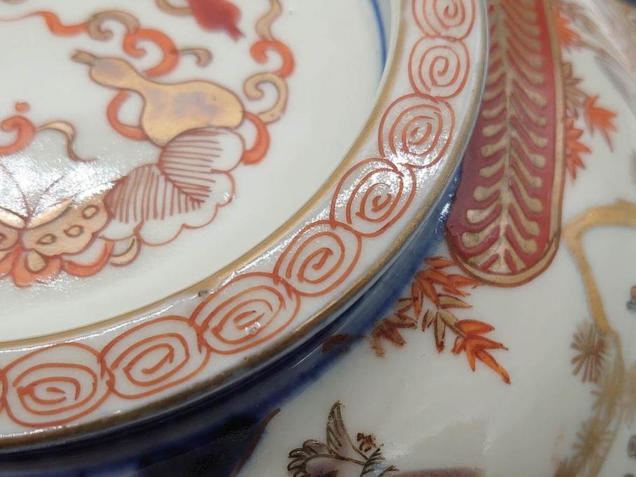 幕末〜明治　古伊万里　色絵　金彩　染付　鶴　約23cm　7.5寸　繊細に描かれた絵柄にこだわりを感じる蓋物(大平、深鉢、深皿、和食器、七寸五分)(R-073101)