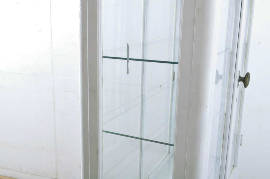 和製アンティーク　ホワイトペイントが可愛らしい四面ガラスのケビントガラスケース(ショーケース、キャビネット、収納棚、陳列棚、飾り棚、戸棚、店舗什器)(R-064832)