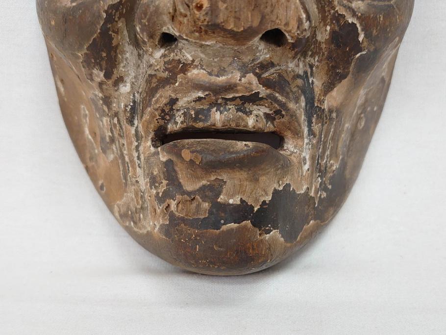時代物　木製　般若　男面　それぞれ違った表情が魅力的なお面3個セット(神楽面、能面、古面、木彫)(R-073103)