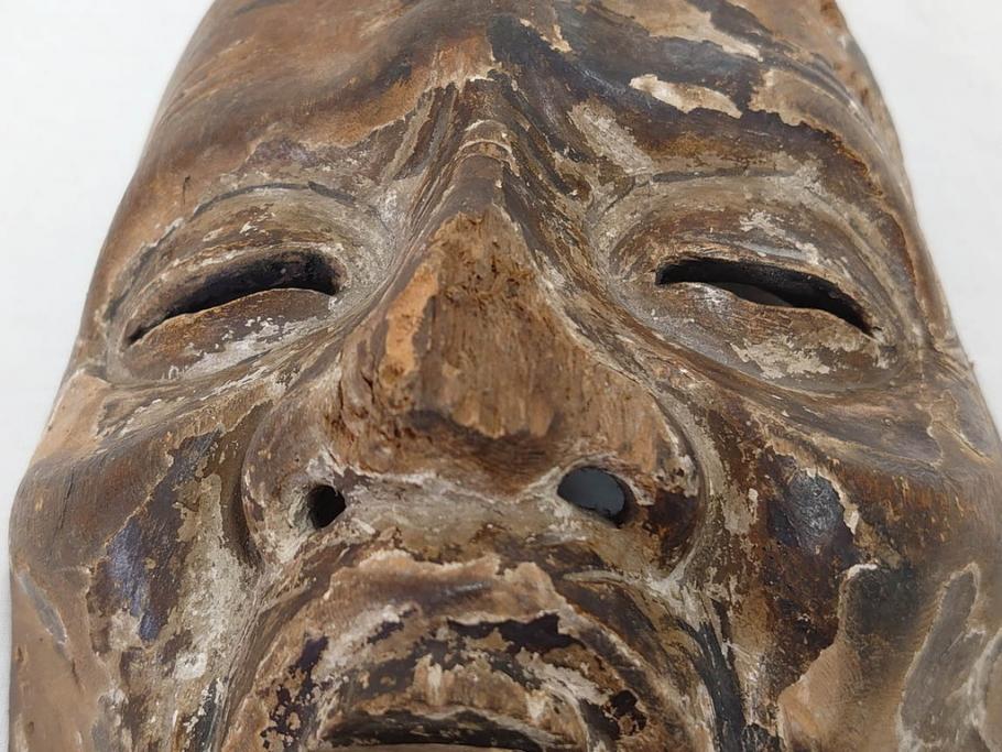 時代物　木製　般若　男面　それぞれ違った表情が魅力的なお面3個セット(神楽面、能面、古面、木彫)(R-073103)