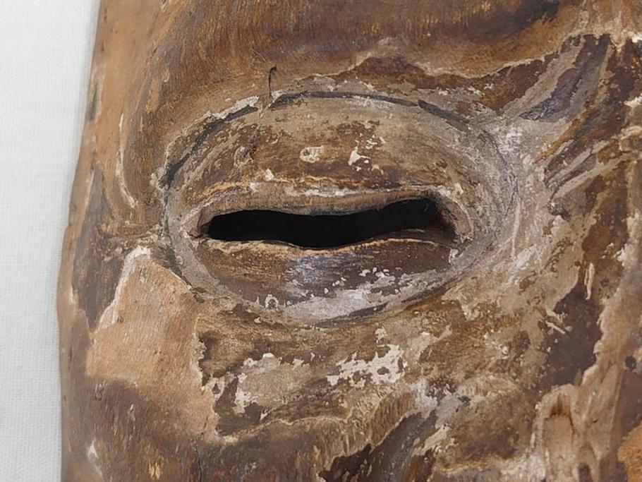 時代物　木製　般若　男面　それぞれ違った表情が魅力的なお面3個セット(神楽面、能面、古面、木彫)(R-073103)