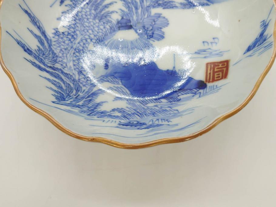 江戸後期〜幕末　伊万里　染付　山水図　約16cm　5.1寸　金の縁と爽やかな藍色が魅力のなます皿3枚セット(中皿、深皿、和皿、和食器、五寸一分)(R-073105)