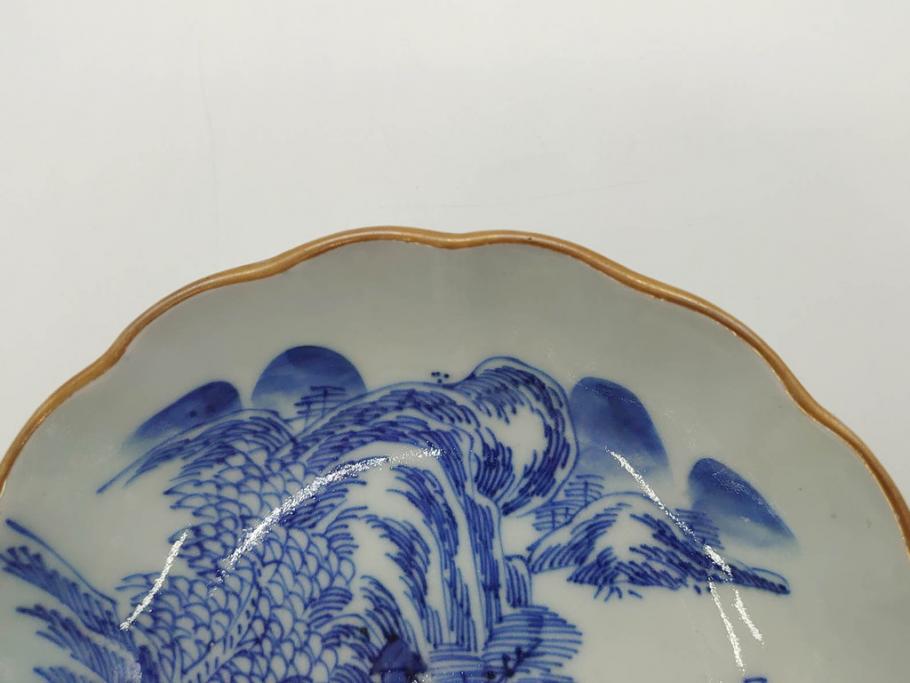 江戸後期〜幕末　伊万里　染付　山水図　約16cm　5.1寸　金の縁と爽やかな藍色が魅力のなます皿3枚セット(中皿、深皿、和皿、和食器、五寸一分)(R-073108)