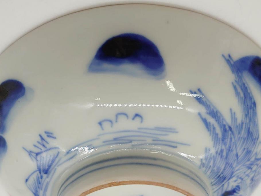 江戸期　伊万里　染付　山水図　約11cm　3.5寸　爽やかな色合いが素敵な蓋付き茶碗3客セット(和食器、三寸五分)(R-073111)