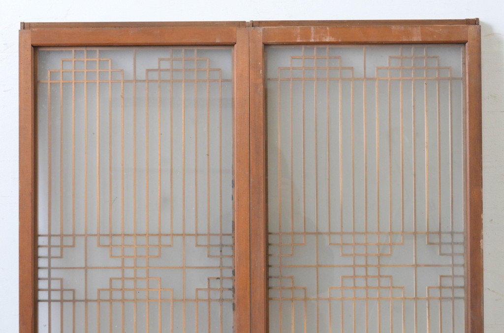 アンティーク建具　両面ガラスの組子入り　落ち着いた和の雰囲気を演出する書院戸2枚セット(窓、ガラス戸、引き戸)(R-065050)