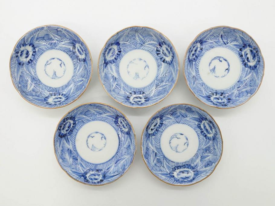 江戸期　伊万里　染付　線描　花唐草　松竹梅文　約10cm　3.2寸　一筆一筆丁寧な職人の絵付けが見事な小皿5枚セット(和皿、和食器、三寸二分)(R-073122)
