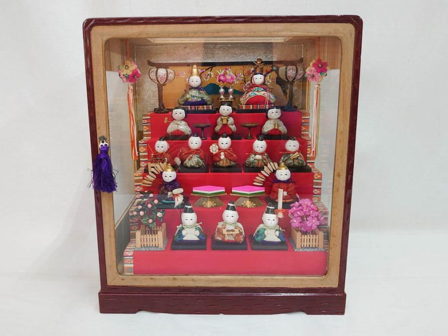 ビンテージ　木目込み人形　十五人揃　細部まで職人のこだわりを感じる可愛らしい五段雛飾り(雛人形、ひな人形、雛壇、段飾、置物、ケース付、ヴィンテージ)(R-073182)