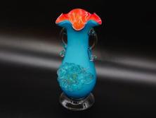 大正〜昭和初期　青/ピンク　紫陽花文様を引き立たせる色鮮やかな被せガラスが美しい花瓶(アジサイ、色被せ、吹きガラス、フリル、フラワーベース、花器、花入、花生、硝子)(R-078943)