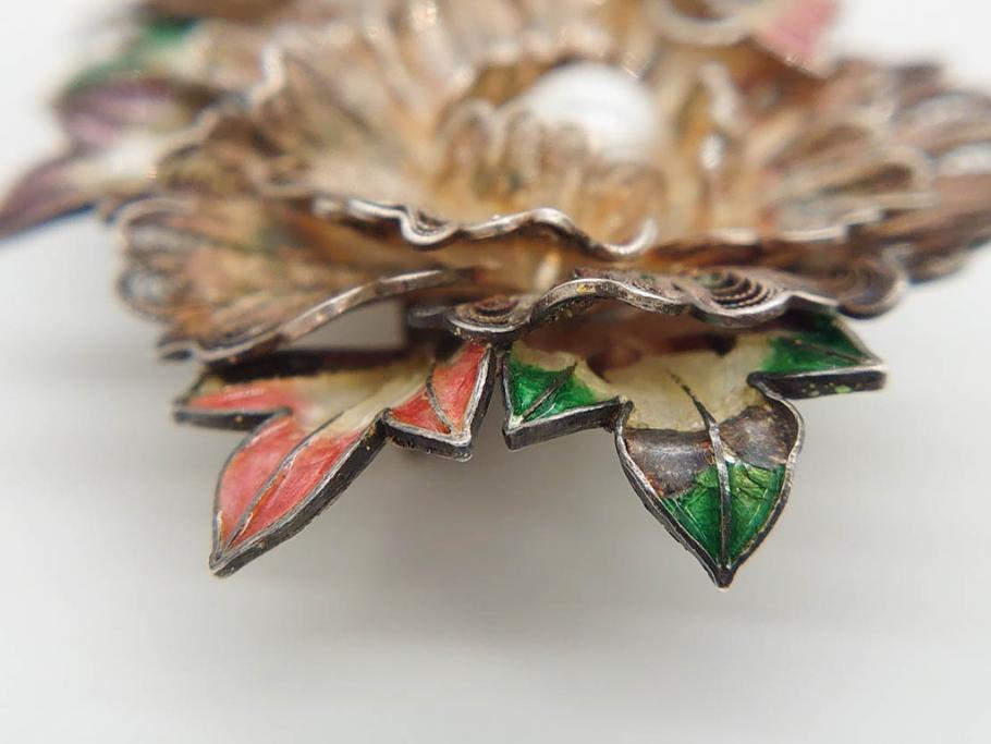 希少　アンティーク　金工　舞妓用　パール(真珠)　鮮やかな蝶と繊細な花の細工が目を引く豪華な帯留(ぽっちり、帯留め、着物道具、和装小物、アクセサリー、ブローチ、ケース付き)(R-078991)