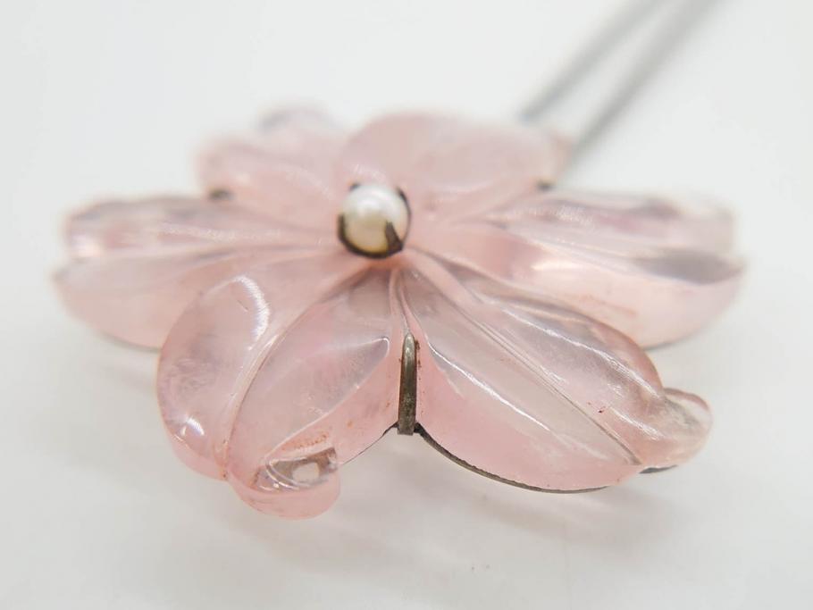 アンティーク　金蒔絵　螺鈿　紅水晶(ローズクォーツ)　テイストの違う花のデザインが楽しめる簪2本セット(花、フラワー、かんざし、和装小物、髪飾り、アクセサリー)(R-079002)