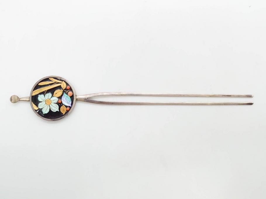 アンティーク　金蒔絵　螺鈿　紅水晶(ローズクォーツ)　テイストの違う花のデザインが楽しめる簪2本セット(花、フラワー、かんざし、和装小物、髪飾り、アクセサリー)(R-079002)