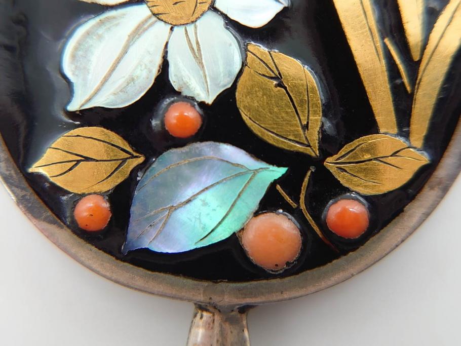 アンティーク　金蒔絵　螺鈿　紅水晶(ローズクォーツ)　テイストの違う花のデザインが楽しめる簪2本セット(花、フラワー、かんざし、和装小物、髪飾り、アクセサリー)(R-079002)