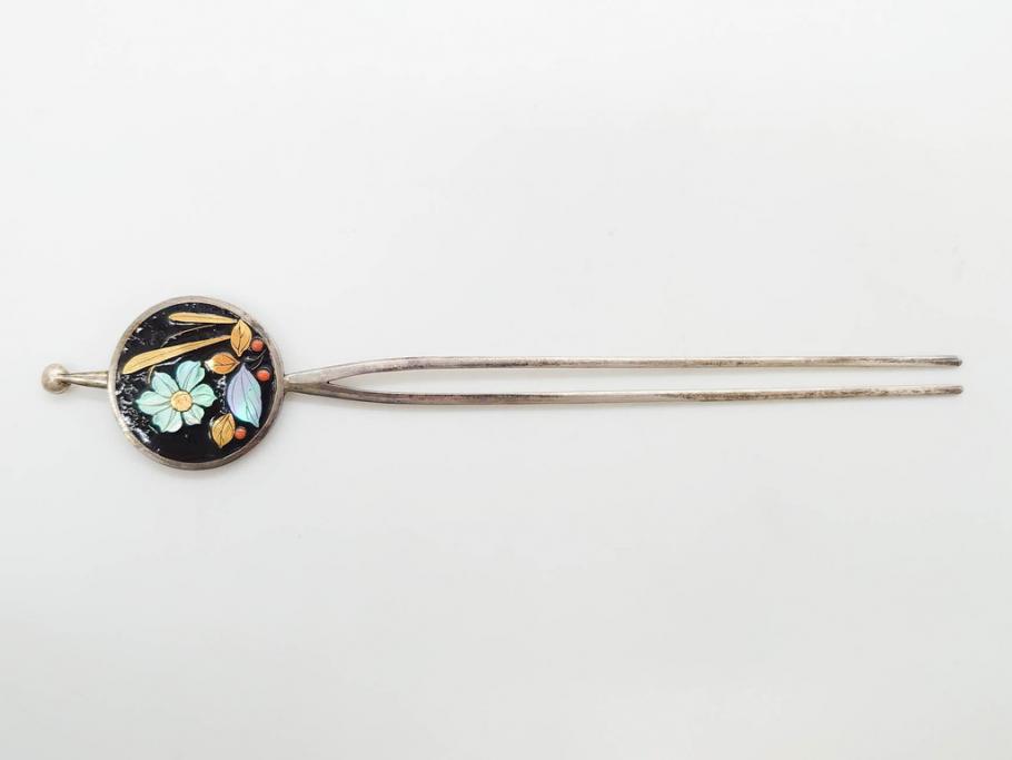 アンティーク　金蒔絵　螺鈿　紅水晶(ローズクォーツ)　テイストの違う花のデザインが楽しめる簪2本セット(花、フラワー、かんざし、和装小物、髪飾り、アクセサリー)(R-079002)