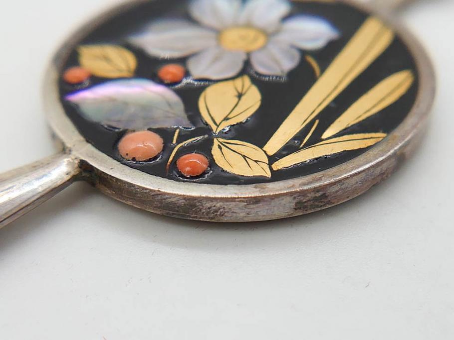 アンティーク　金蒔絵　螺鈿　紅水晶(ローズクォーツ)　テイストの違う花のデザインが楽しめる簪2本セット(花、フラワー、かんざし、和装小物、髪飾り、アクセサリー)(R-079002)