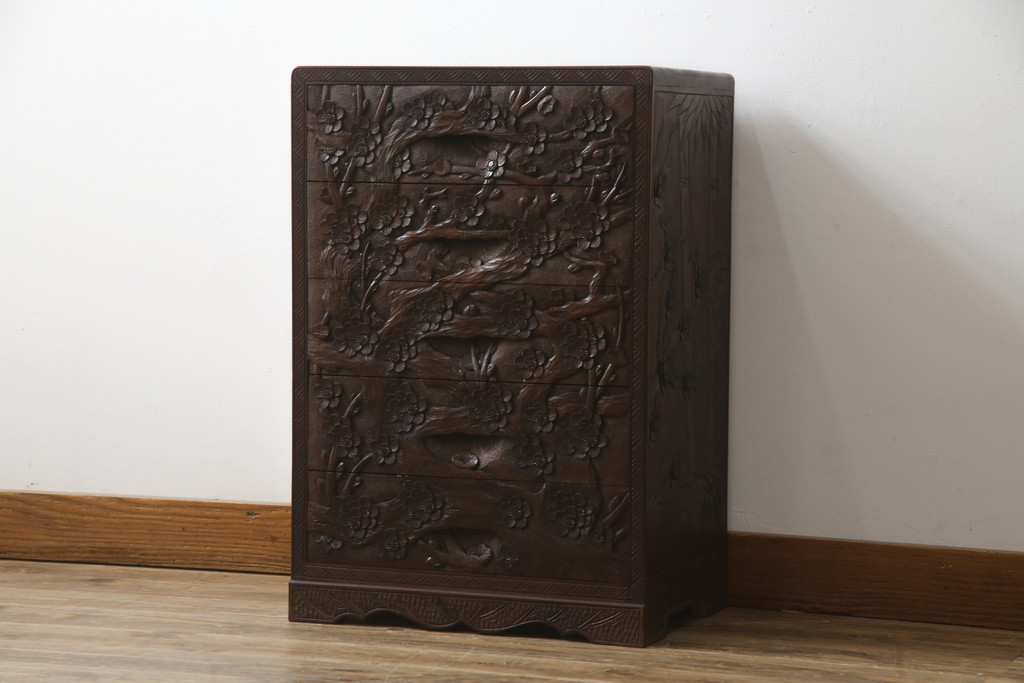 中古　美品　伝統工芸　日光彫り　細部まで施された彫りが美しい小引き出し(卓上収納、小物収納)(R-069061)
