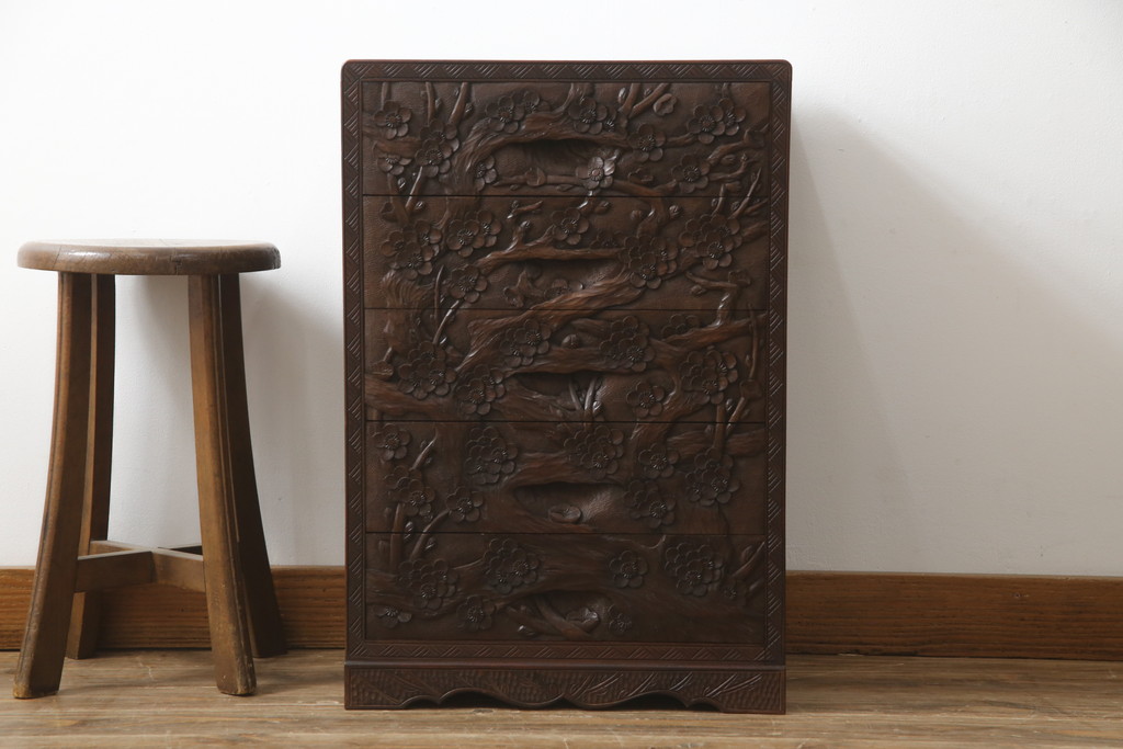 中古　美品　伝統工芸　日光彫り　細部まで施された彫りが美しい小引き出し(卓上収納、小物収納)(R-069061)