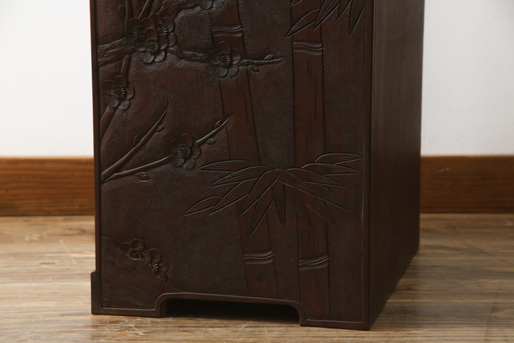 中古　美品　伝統工芸　日光彫り　細部まで施された彫りが美しい小引き出し(卓上収納、小物収納)(R-069061)