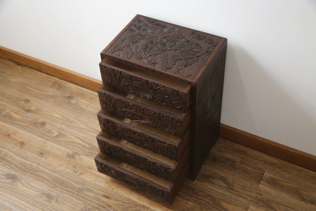 中古　美品　伝統工芸　日光彫り　細部まで施された彫りが美しい小引き出し(卓上収納、小物収納)(R-069061)