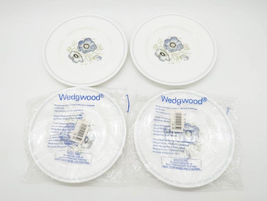 イギリス　WEDGWOOD(ウェッジウッド)　Susie Cooper(スージー・クーパー)　GLEN MIST(グレンミスト)　繊細に描写された花のデザインが印象的なプレート4枚セット(花、フラワー、中皿、磁器、洋食器、ボーンチャイナ、英国)(R-079008)