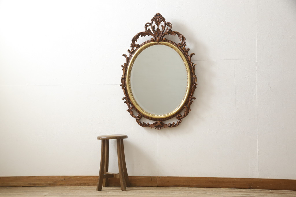 中古　美品　イタリア輸入家具　透かし彫りが素晴らしい!美術品のようなウォールミラー(壁掛け鏡)(R-051484)