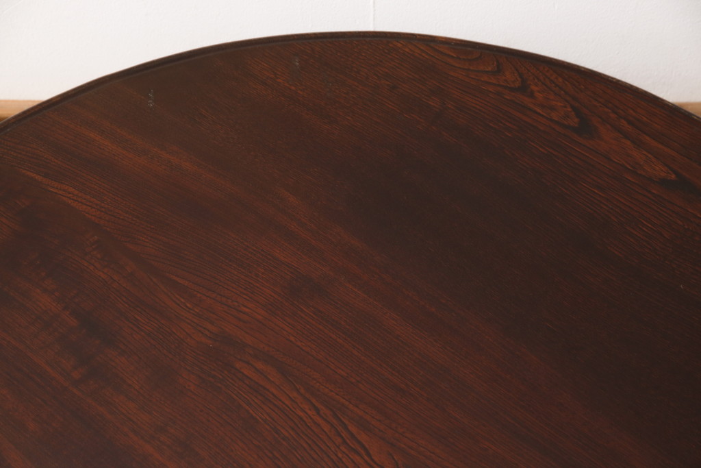 和製アンティーク　栓材　赤みがかった濃淡の木目が魅力の丸ちゃぶ台(折りたたみテーブル、座卓、ローテーブル)(R-051422)