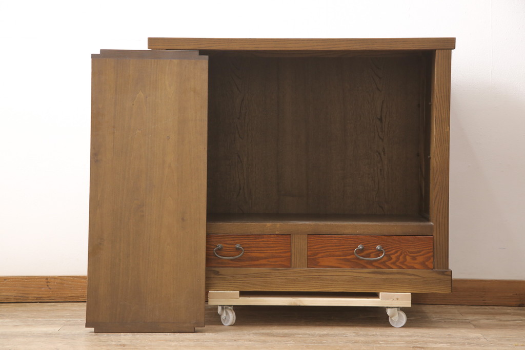 中古　タモ材　異なる木の色味を楽しめる三尺水屋箪笥サイドボード(キャビネット、食器棚、戸棚、収納棚)(R-054686)
