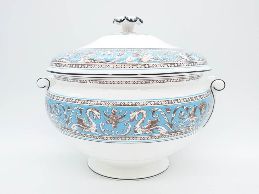 イギリス　WEDGWOOD(ウェッジウッド)　FLORENTINE TURQUOISE(フロレンティーン ターコイズ)　クラシックなデザインの気品あふれるチュリーン(グロテスク文様、フルーツ、果物、チューリン、スープボウル、ふかひれ皿、ポット、蓋付き、洋食器、英国)(R-079013)